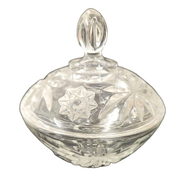 Anchor Hocking American Starburst Cut Glass Covered Candy Dish 1970's 5"x5" - Picture 2 of 6